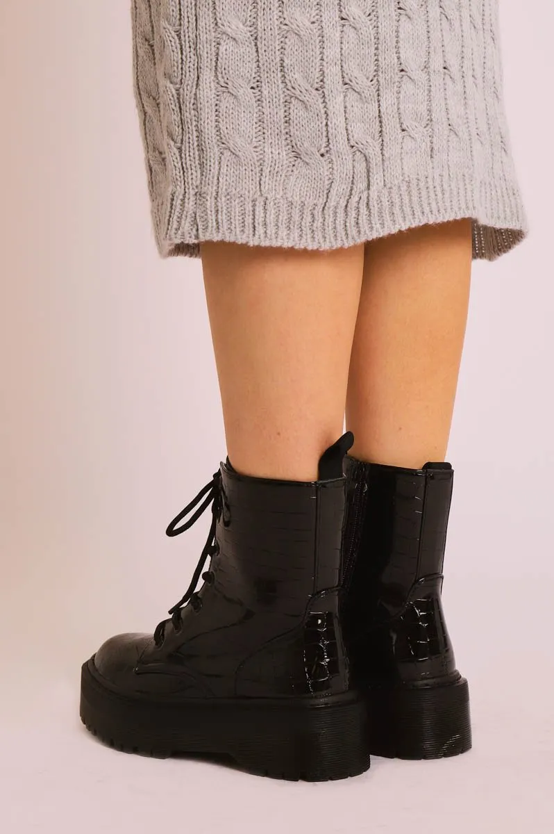 Black Croc Print Patent Leather Double Sole Boots - Dakoda