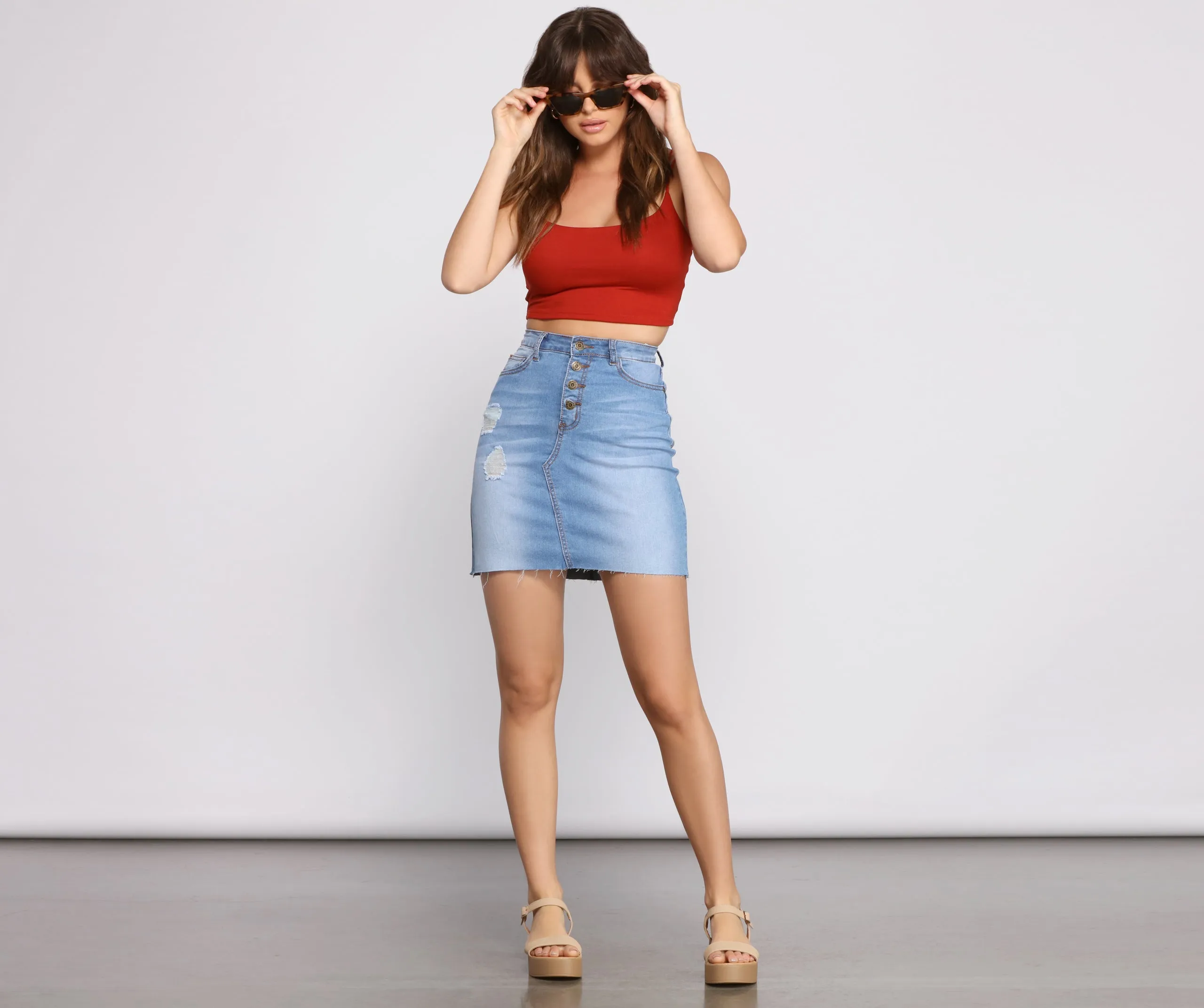 Button Up Raw Hem Denim Mini Skirt