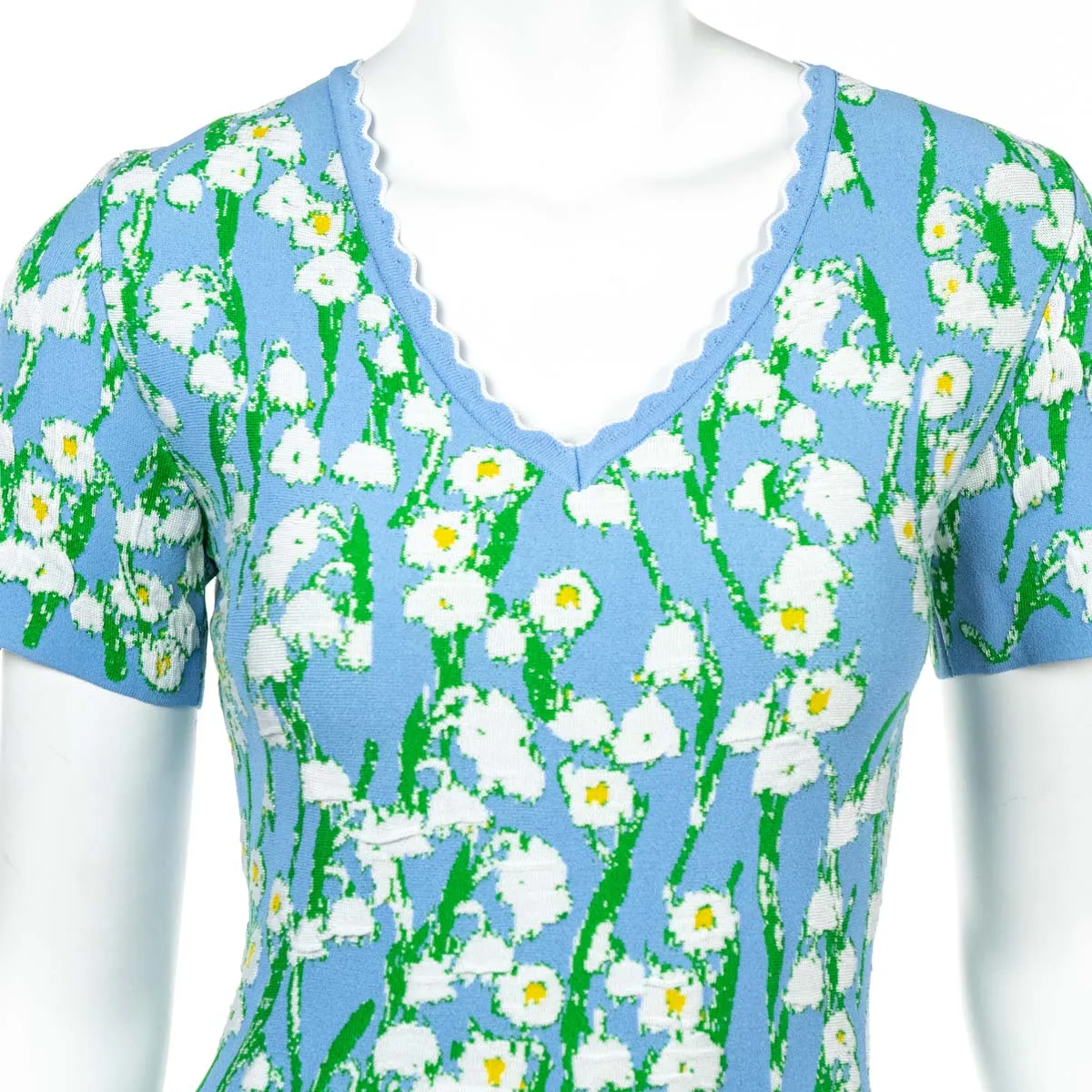 Carolina Herrera Blue Floral Stretch Knit Short Sleeve Dress Size XS | US 4