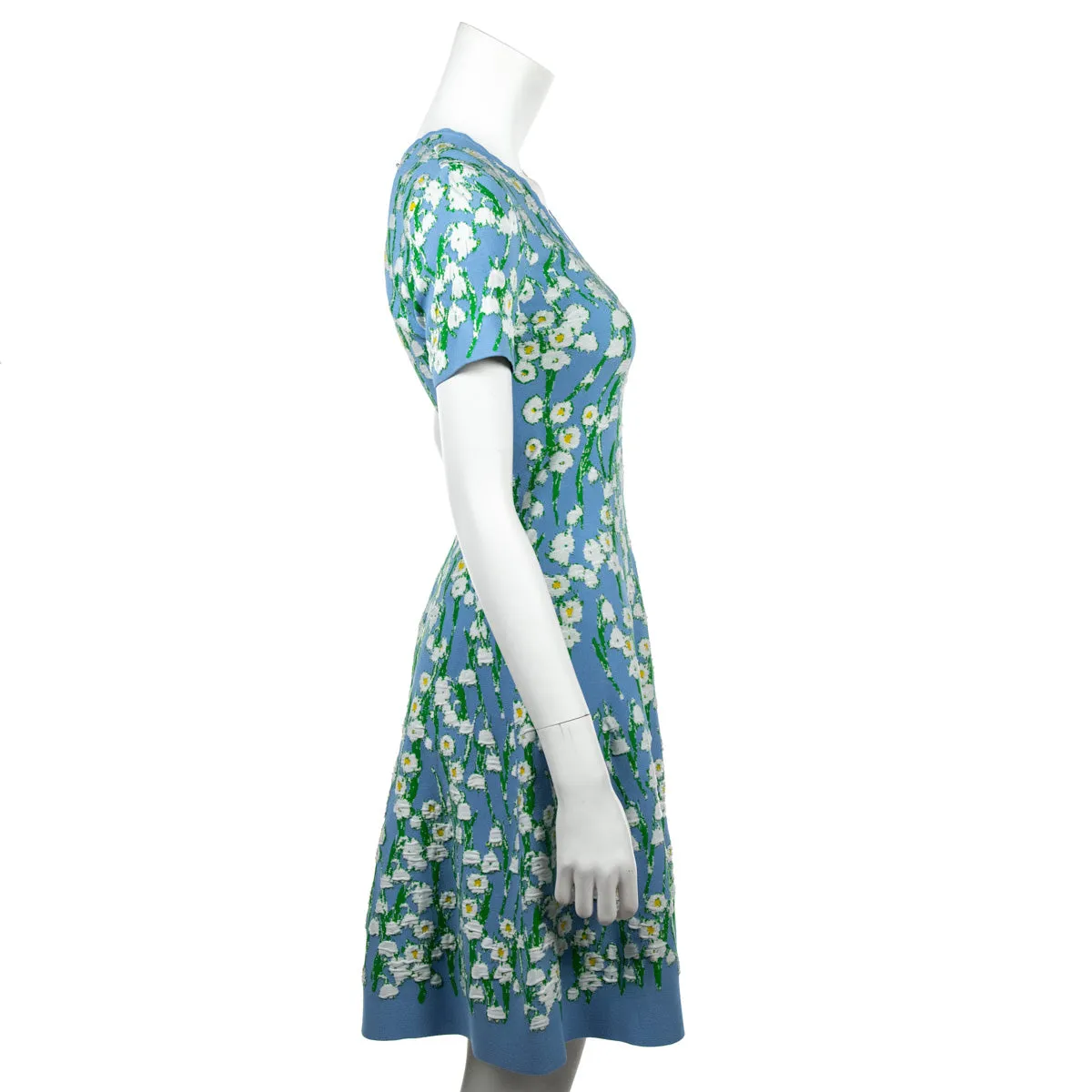 Carolina Herrera Blue Floral Stretch Knit Short Sleeve Dress Size XS | US 4