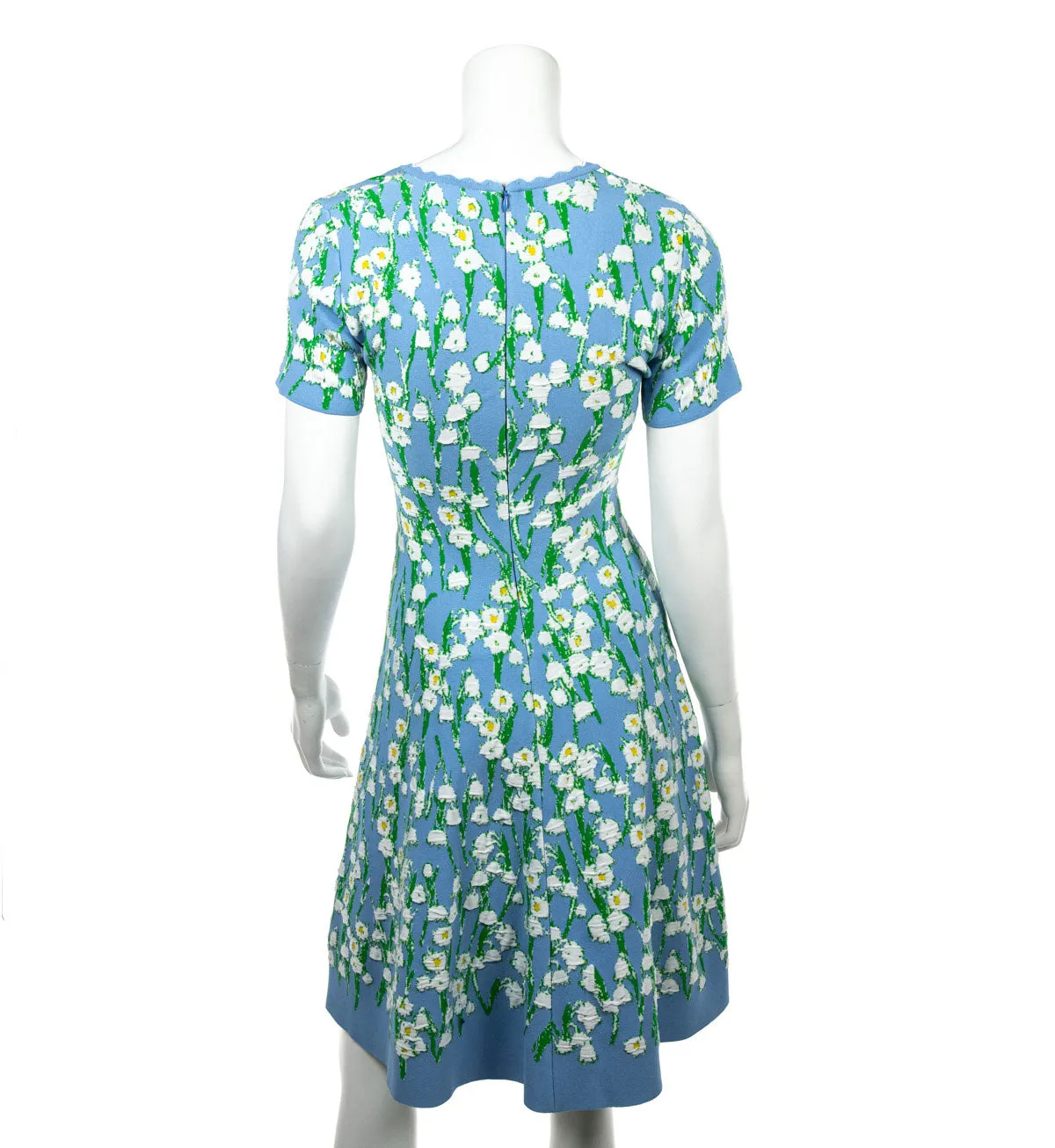 Carolina Herrera Blue Floral Stretch Knit Short Sleeve Dress Size XS | US 4