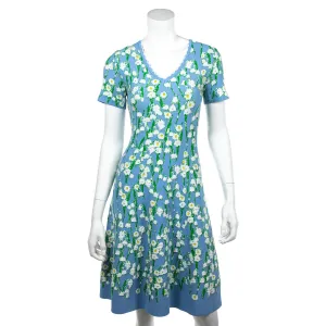 Carolina Herrera Blue Floral Stretch Knit Short Sleeve Dress Size XS | US 4