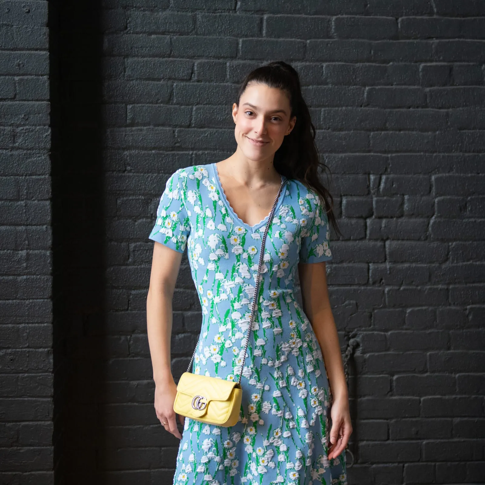 Carolina Herrera Blue Floral Stretch Knit Short Sleeve Dress Size XS | US 4