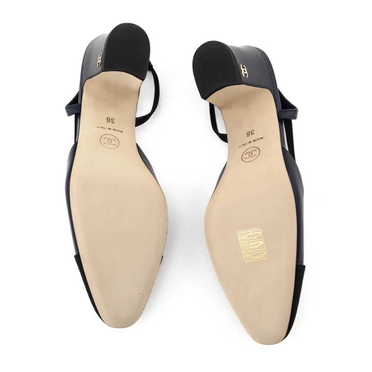 Chanel Navy Leather & Black Cap Toe CC Slingback Pumps Size US 6 | EU 36