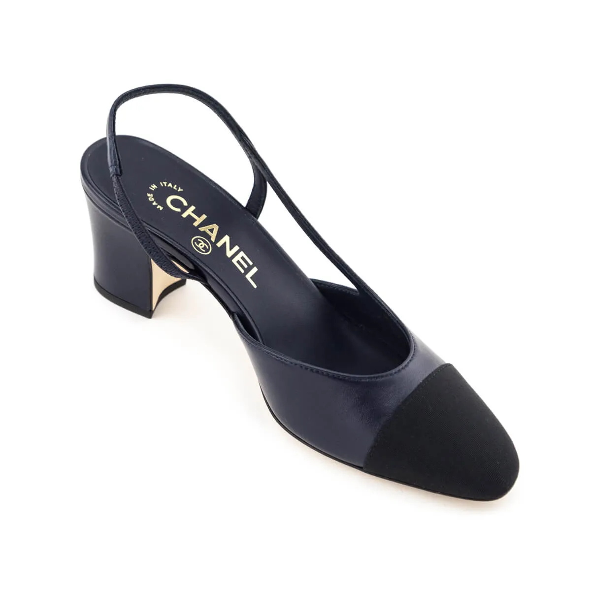 Chanel Navy Leather & Black Cap Toe CC Slingback Pumps Size US 6 | EU 36