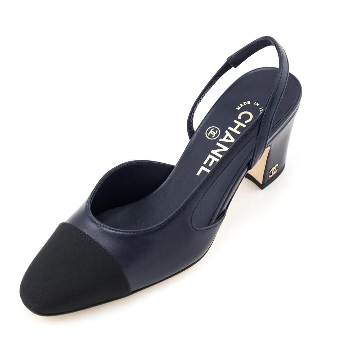 Chanel Navy Leather & Black Cap Toe CC Slingback Pumps Size US 6 | EU 36