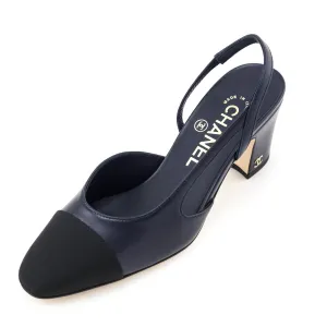 Chanel Navy Leather & Black Cap Toe CC Slingback Pumps Size US 6 | EU 36