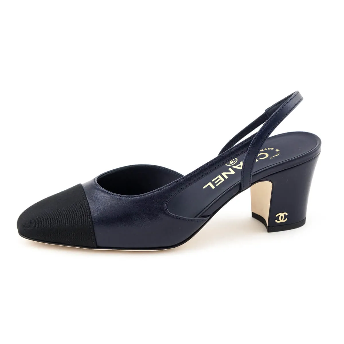 Chanel Navy Leather & Black Cap Toe CC Slingback Pumps Size US 6 | EU 36
