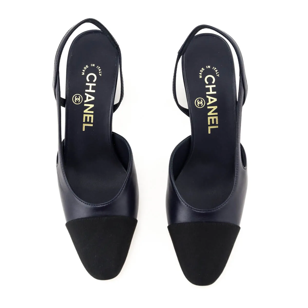 Chanel Navy Leather & Black Cap Toe CC Slingback Pumps Size US 6 | EU 36