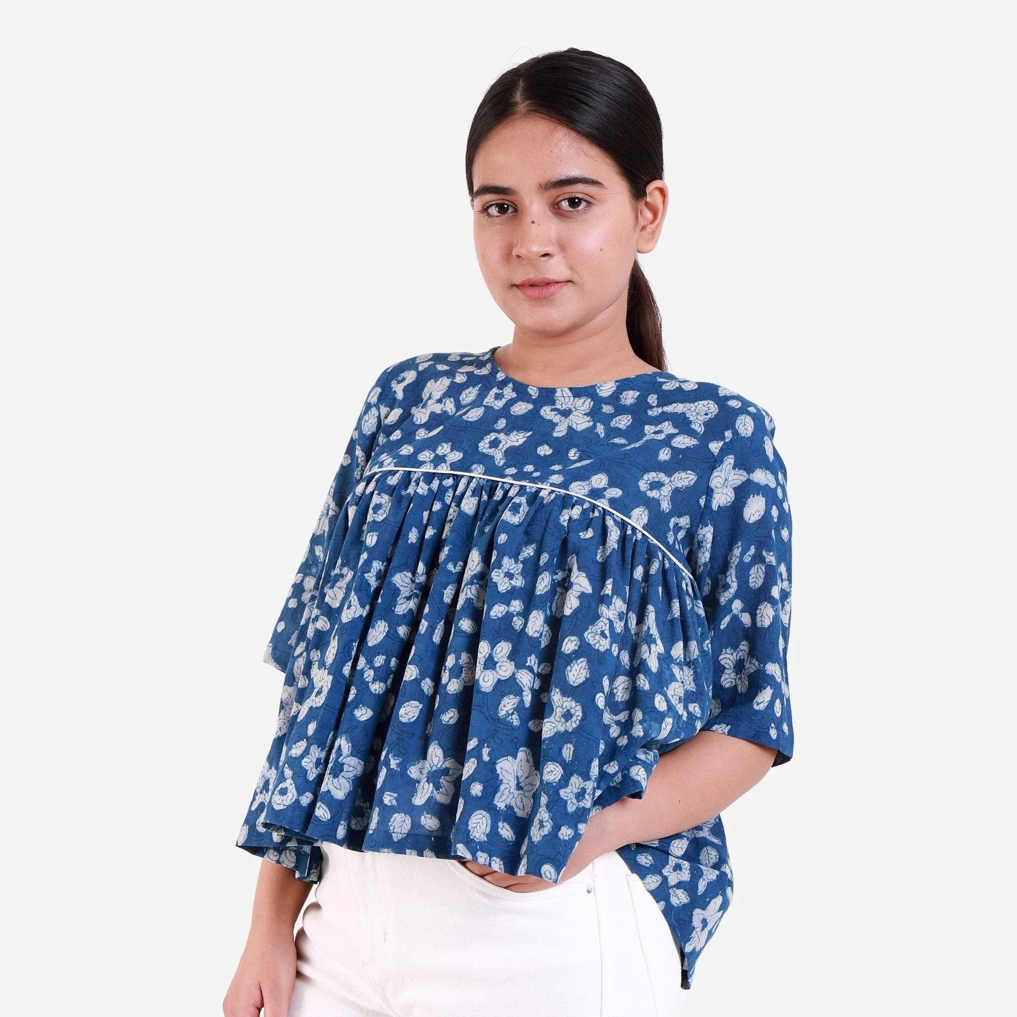 Dabu Hand Block Printed Gathered Cotton Top