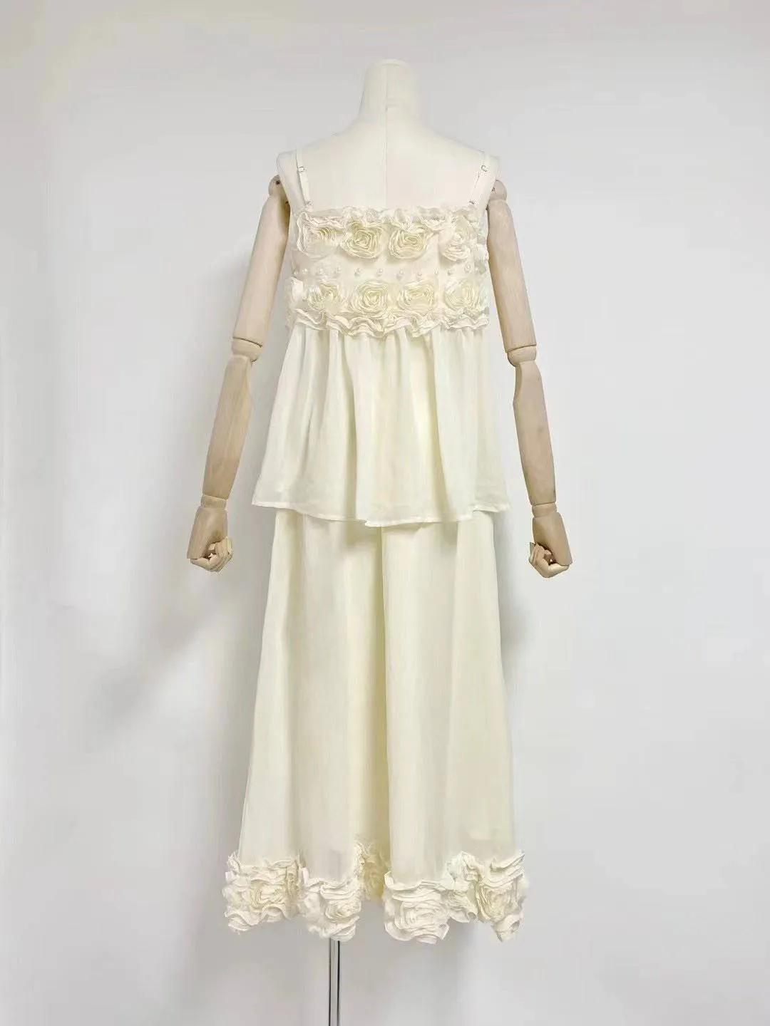 Emma Spaghetti Strap Floral Embellished Ruffle Midi Dress