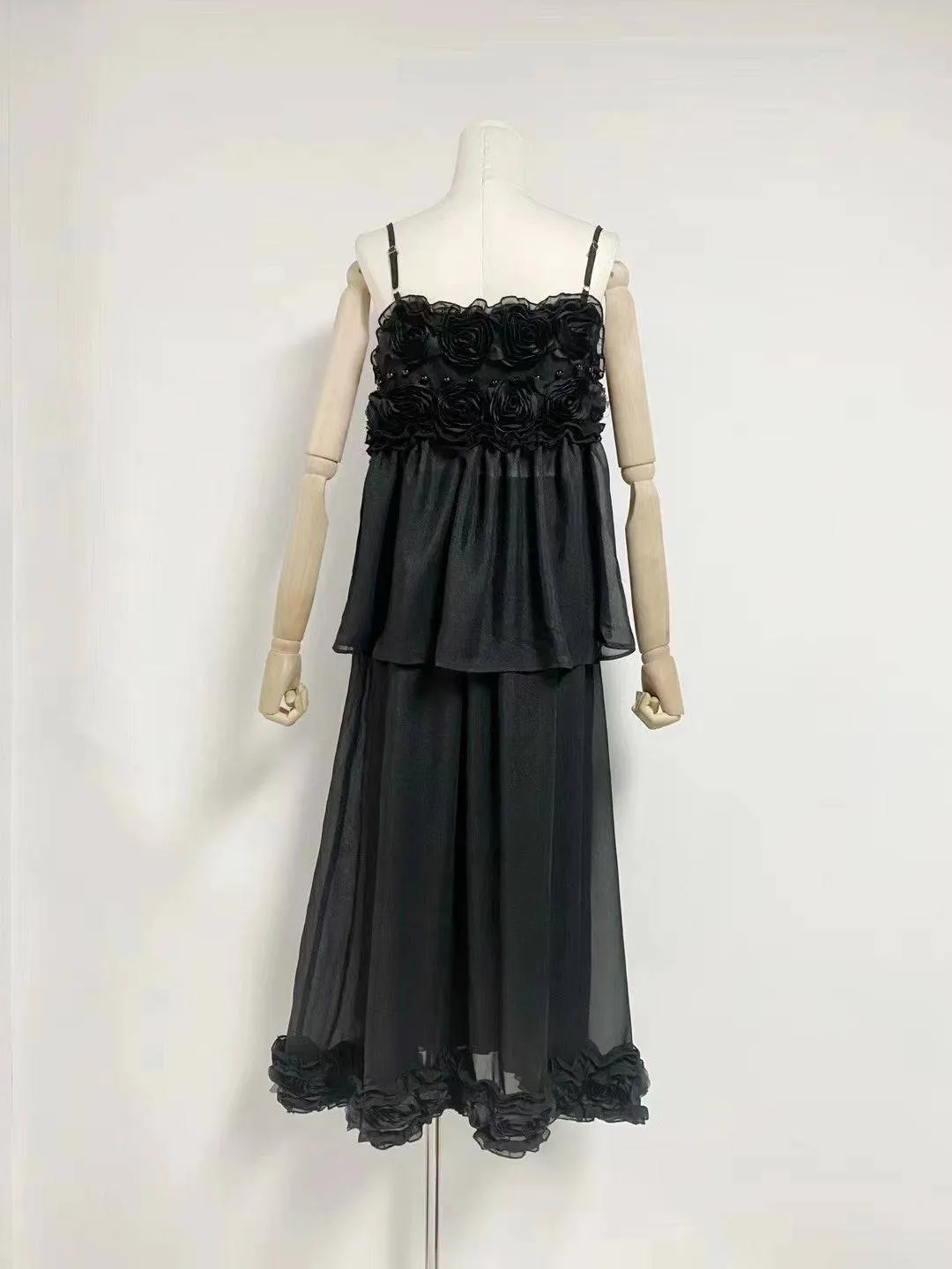 Emma Spaghetti Strap Floral Embellished Ruffle Midi Dress