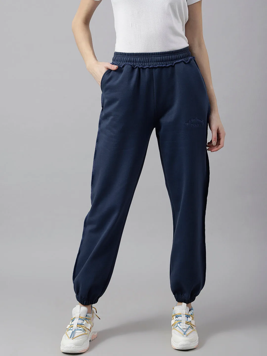 Fitkin Women Blue Solid Oversized Designer Fleece Jogger Pants