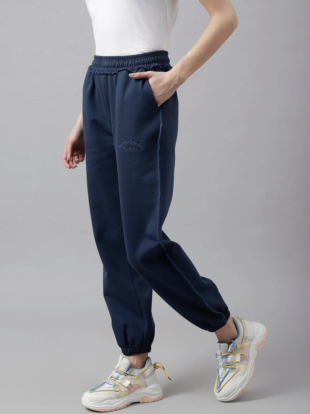 Fitkin Women Blue Solid Oversized Designer Fleece Jogger Pants