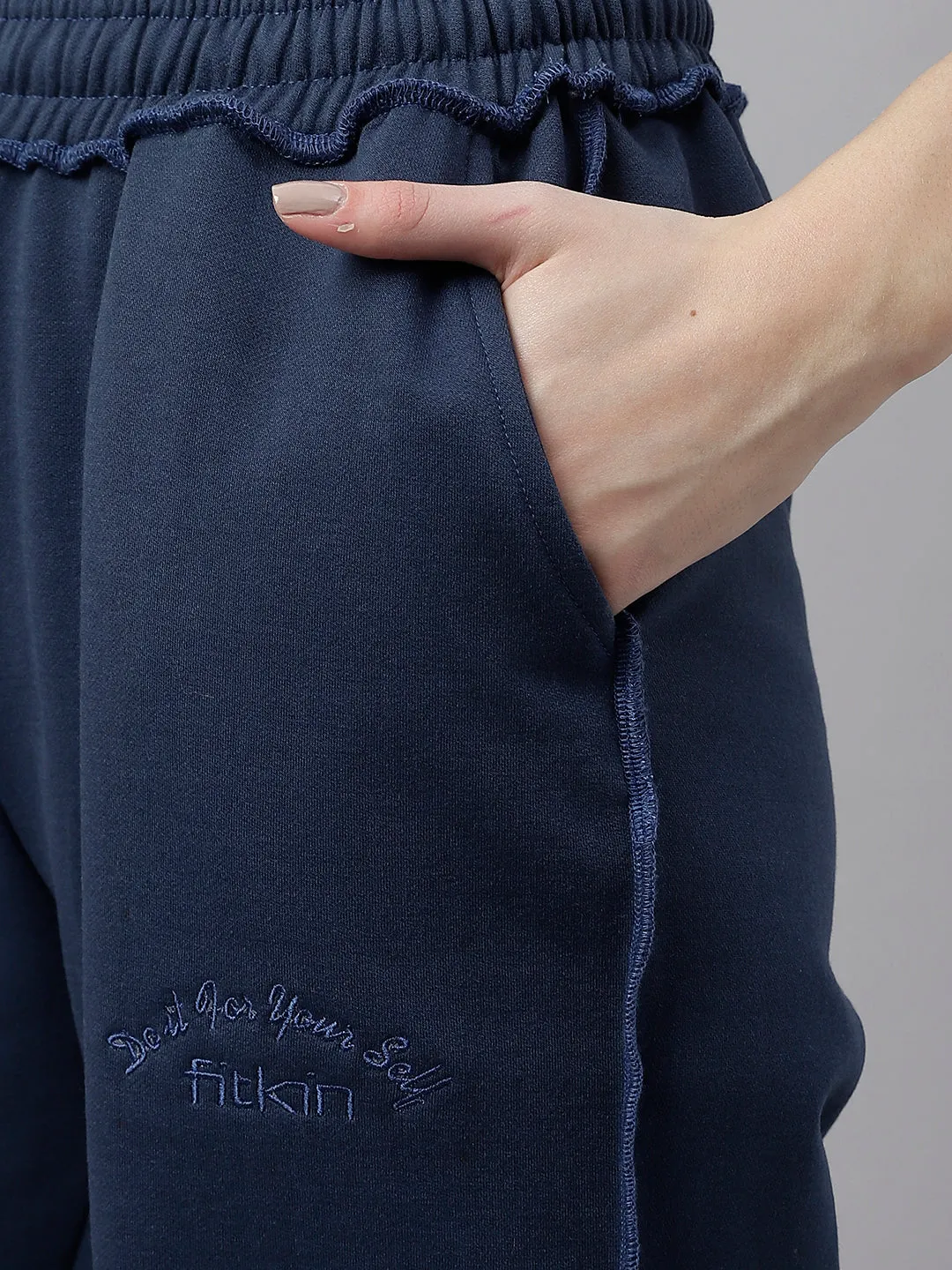 Fitkin Women Blue Solid Oversized Designer Fleece Jogger Pants