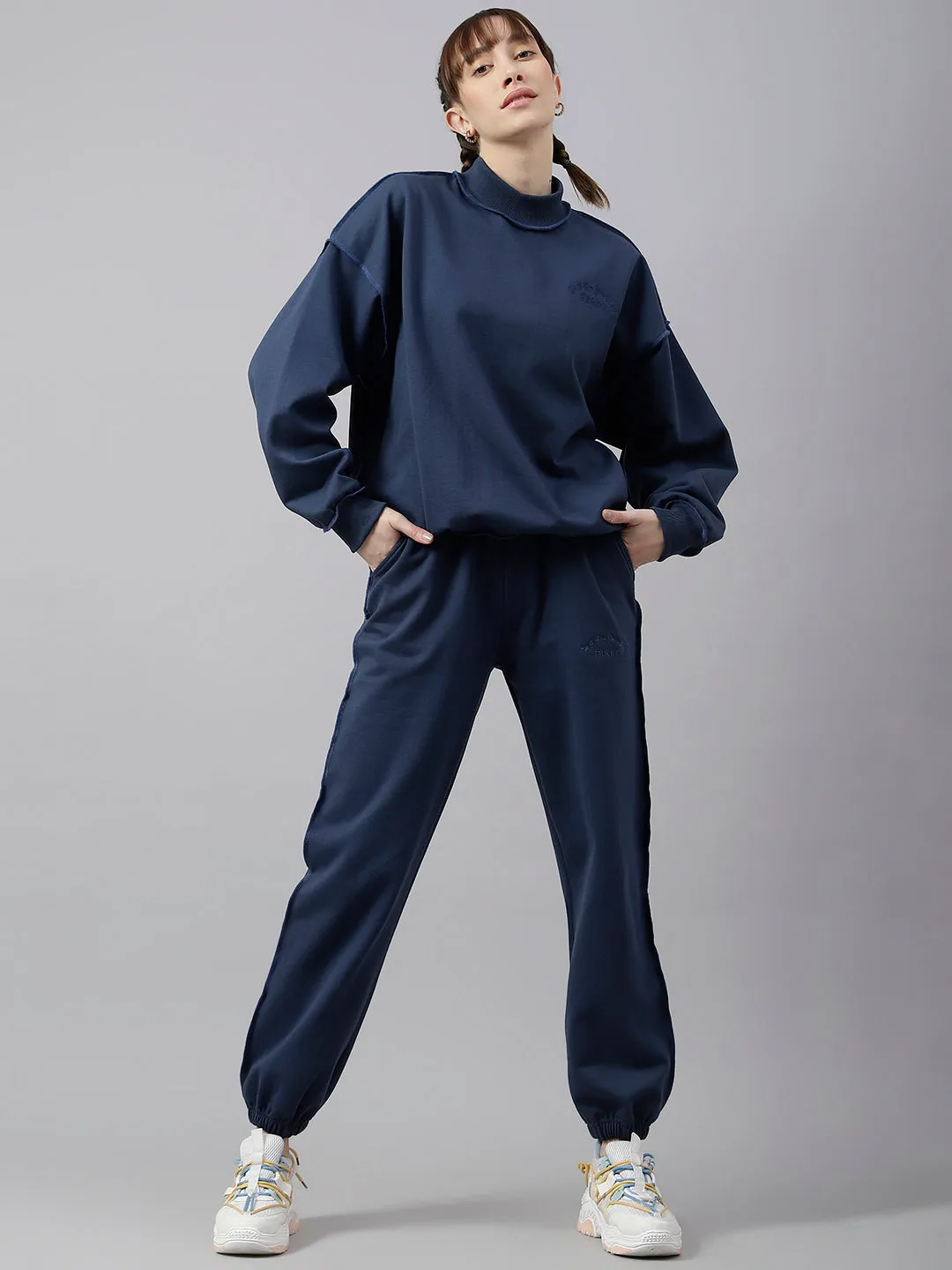 Fitkin Women Blue Solid Oversized Designer Fleece Jogger Pants