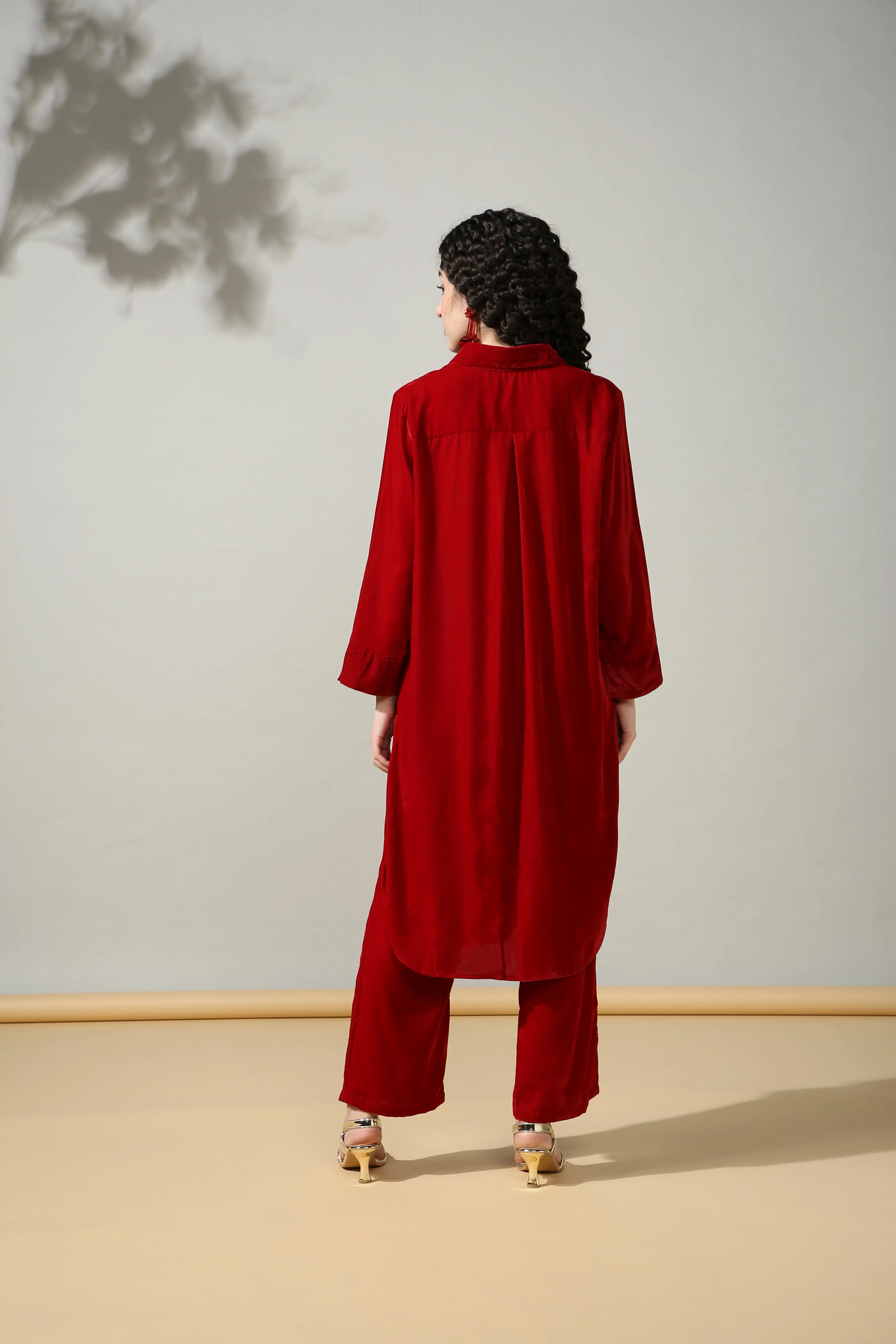 HOK ENSEMBLE - Maroon Velvet long Coord set