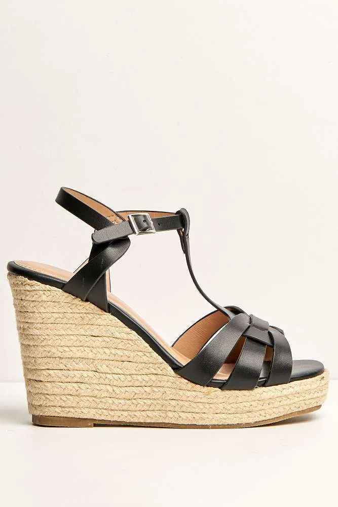Lulu 3-Strap Open Toe Anklestrap Wedges in Black