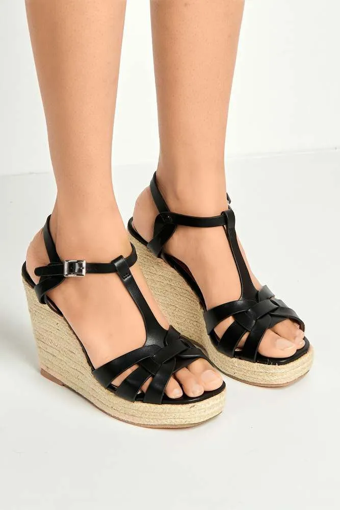 Lulu 3-Strap Open Toe Anklestrap Wedges in Black