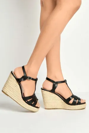 Lulu 3-Strap Open Toe Anklestrap Wedges in Black