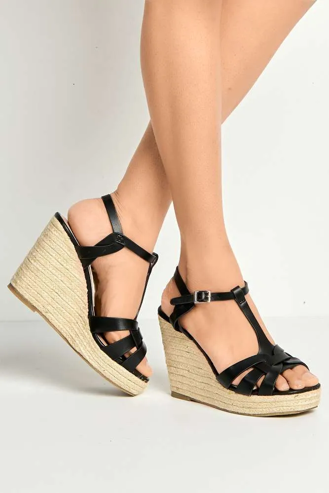 Lulu 3-Strap Open Toe Anklestrap Wedges in Black