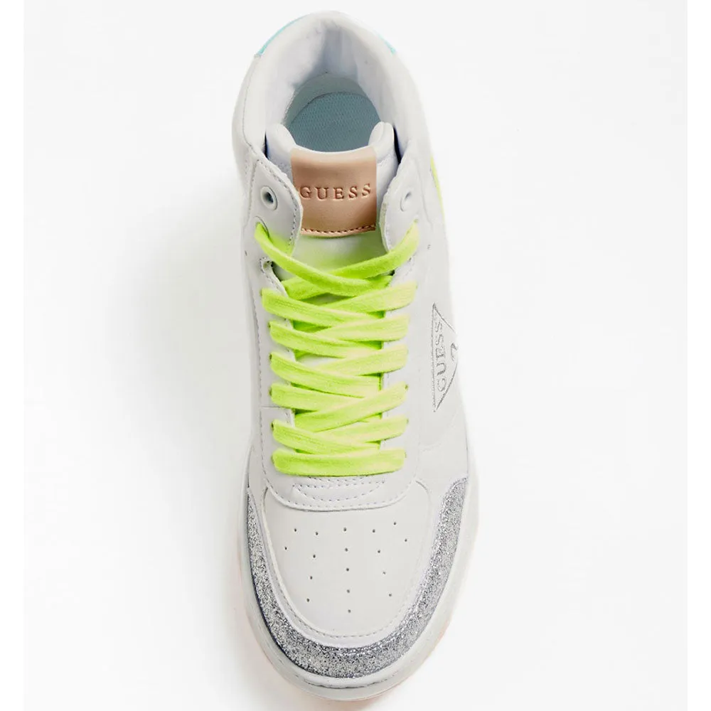 Sneakers Alte Donna GUESS con Glitter Colore Bianco - Argento Linea Maega