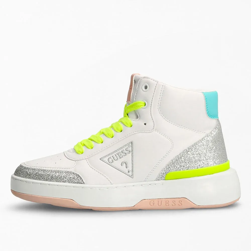 Sneakers Alte Donna GUESS con Glitter Colore Bianco - Argento Linea Maega