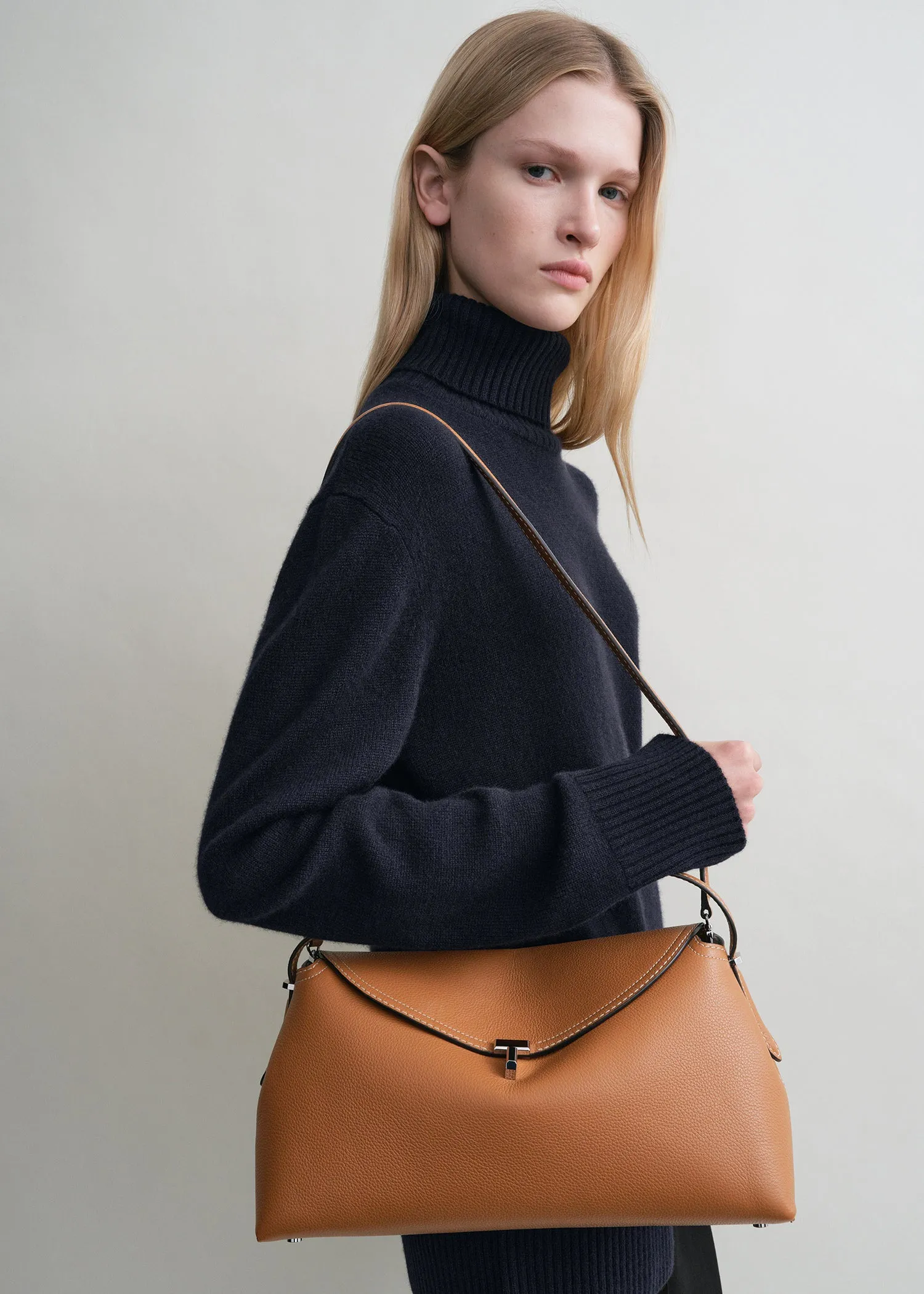 T-Lock grained-leather top handle tan