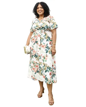 Tropical Floral Tie Waist Flowy Maxi Dress | White