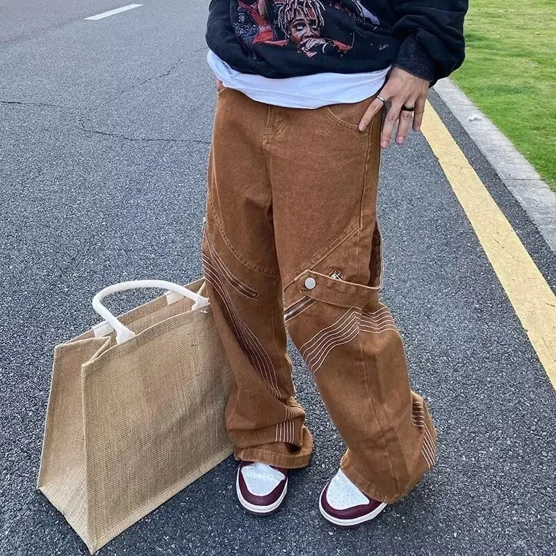 xiangtuibao -  American Retro Men's Jeans Hip-hop Loose Straight Sports Pants Men's Trend Mopping Wide-leg Pants Y2k Trousers  New Overalls