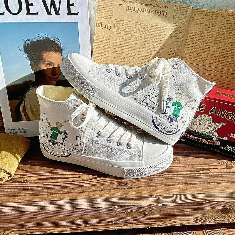 xiangtuibao High Top White Canvas Shoes Women's Sneakers Graffiti Hand Painted Cute Style Woman Student Vulcanized Shoes Woman Spring