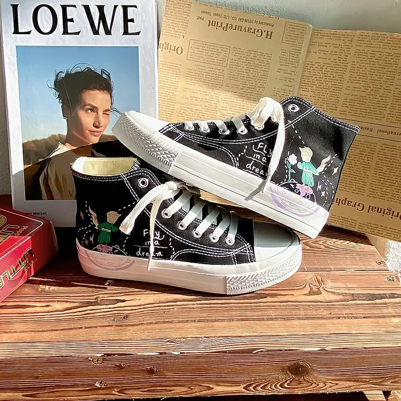 xiangtuibao High Top White Canvas Shoes Women's Sneakers Graffiti Hand Painted Cute Style Woman Student Vulcanized Shoes Woman Spring