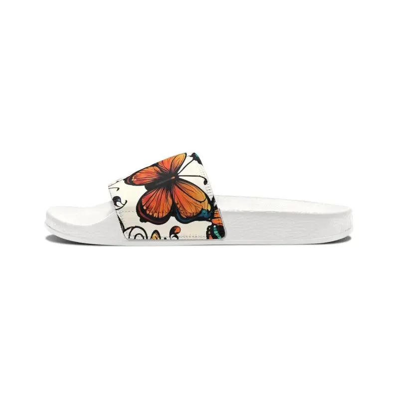 Youth Pu Slide Sandals Colorful Graphic Butterflies